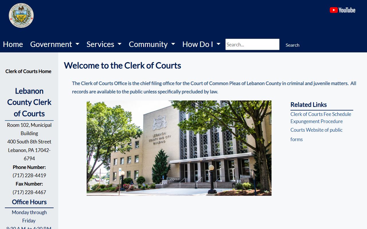 Lebanon County Clerk of Courts criminal and juvenile records page