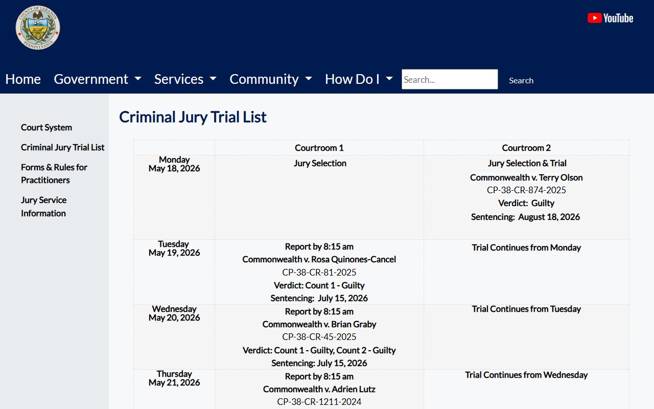 Lebanon County court dockets criminal jury trial list