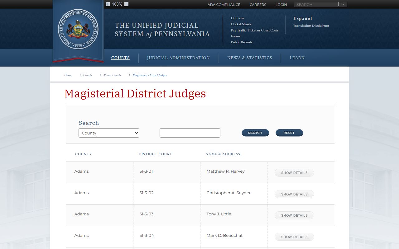 Lebanon County court dockets Magisterial District Judge search