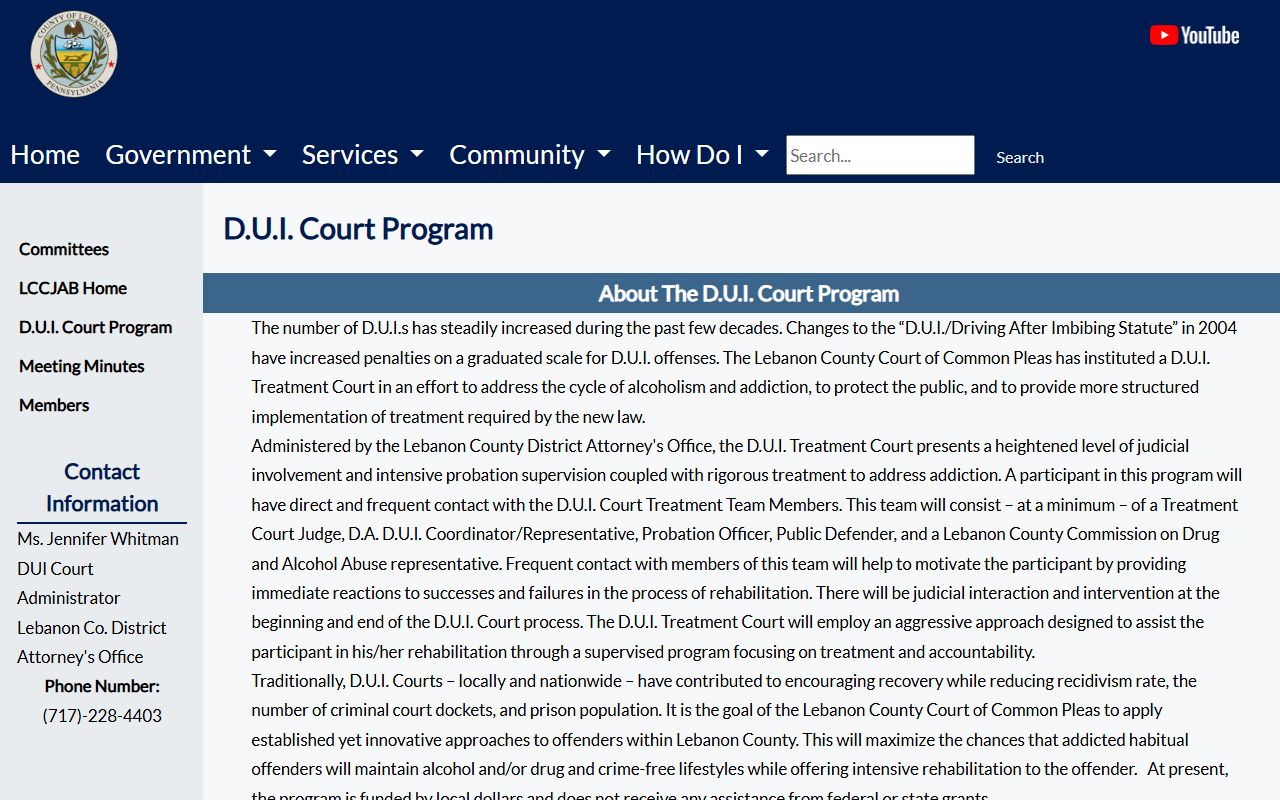 Lebanon County criminal court records DUI Treatment Court program