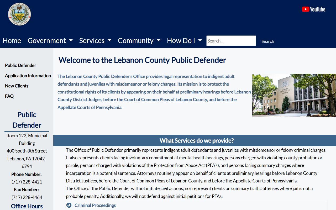 Lebanon County criminal court records Public Defender page