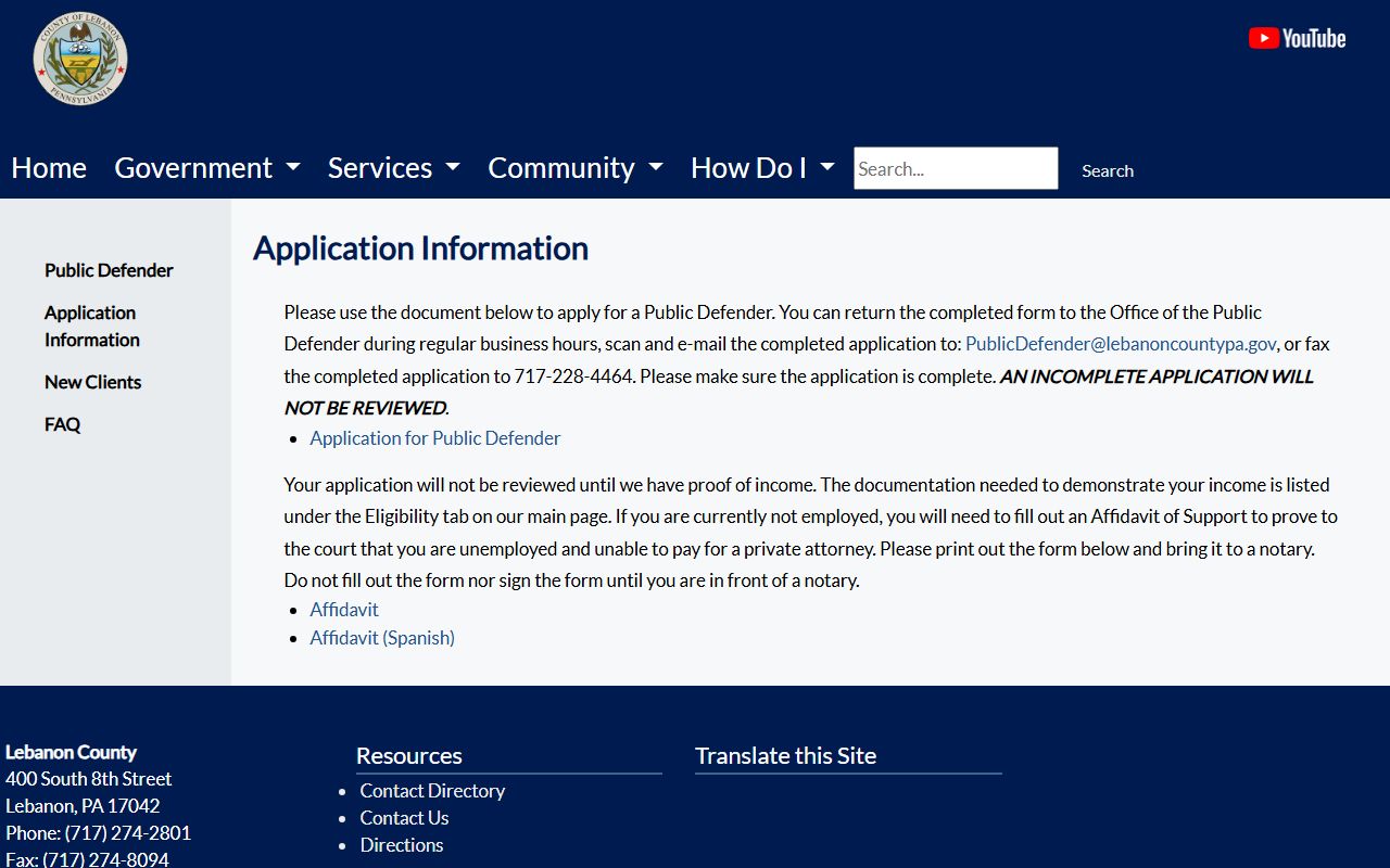 Lebanon County criminal court records Public Defender application information
