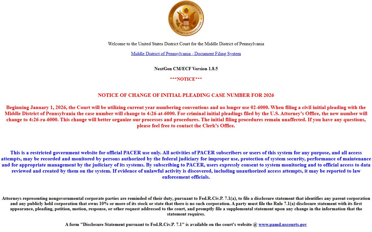 Lebanon County Court of Common Pleas records compared with federal CM/ECF