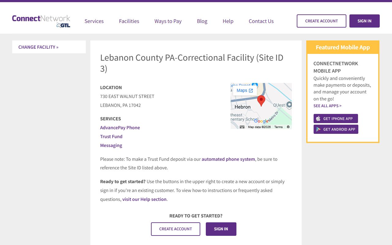 Lebanon County inmate records ConnectNetwork account page