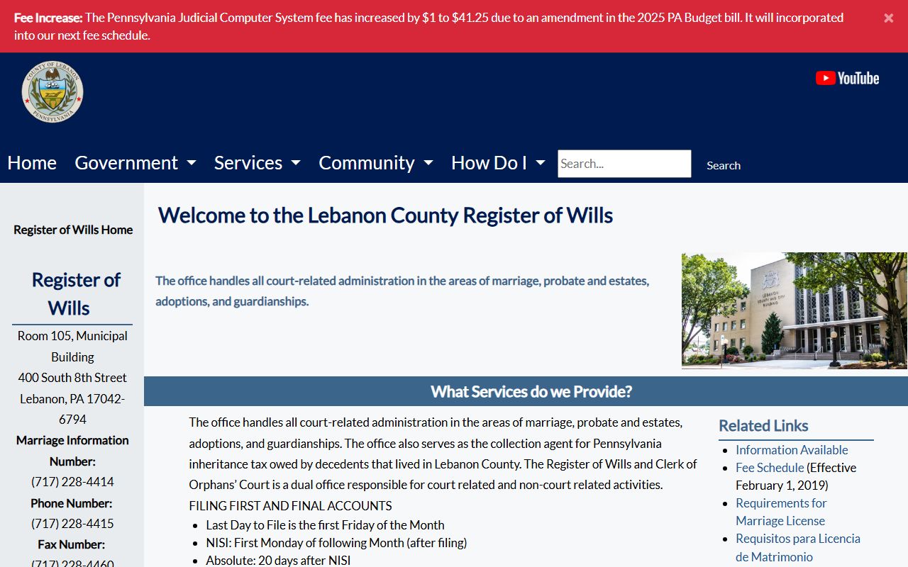 Lebanon County marriage records Register of Wills and Clerk of Orphans' Court page