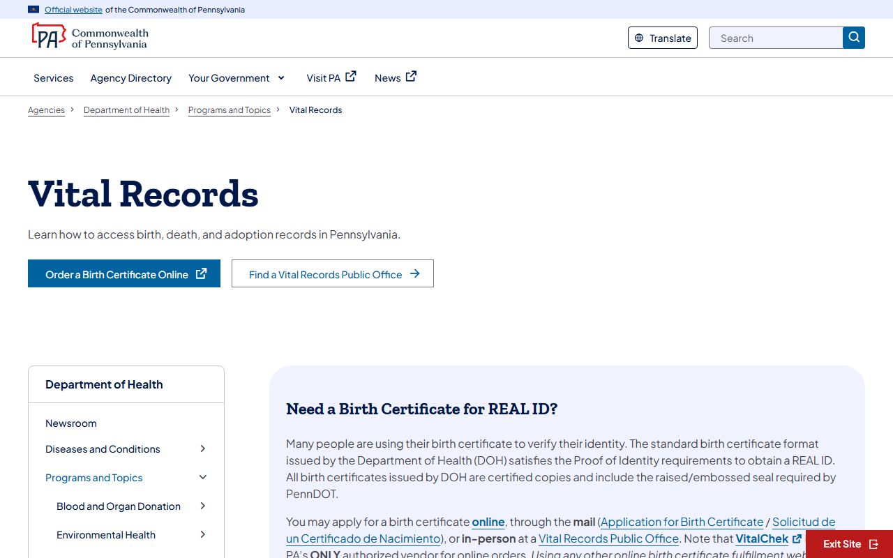 Lebanon County marriage and divorce records Pennsylvania Vital Records page