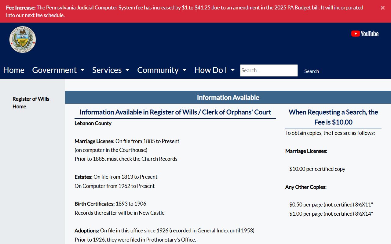 Lebanon County probate records Register information and fees page