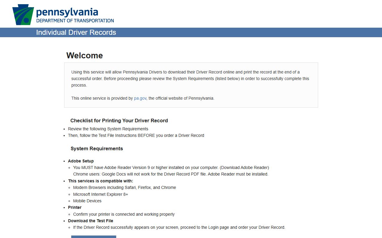 Lebanon County traffic court records PennDOT Individual Driver Records application