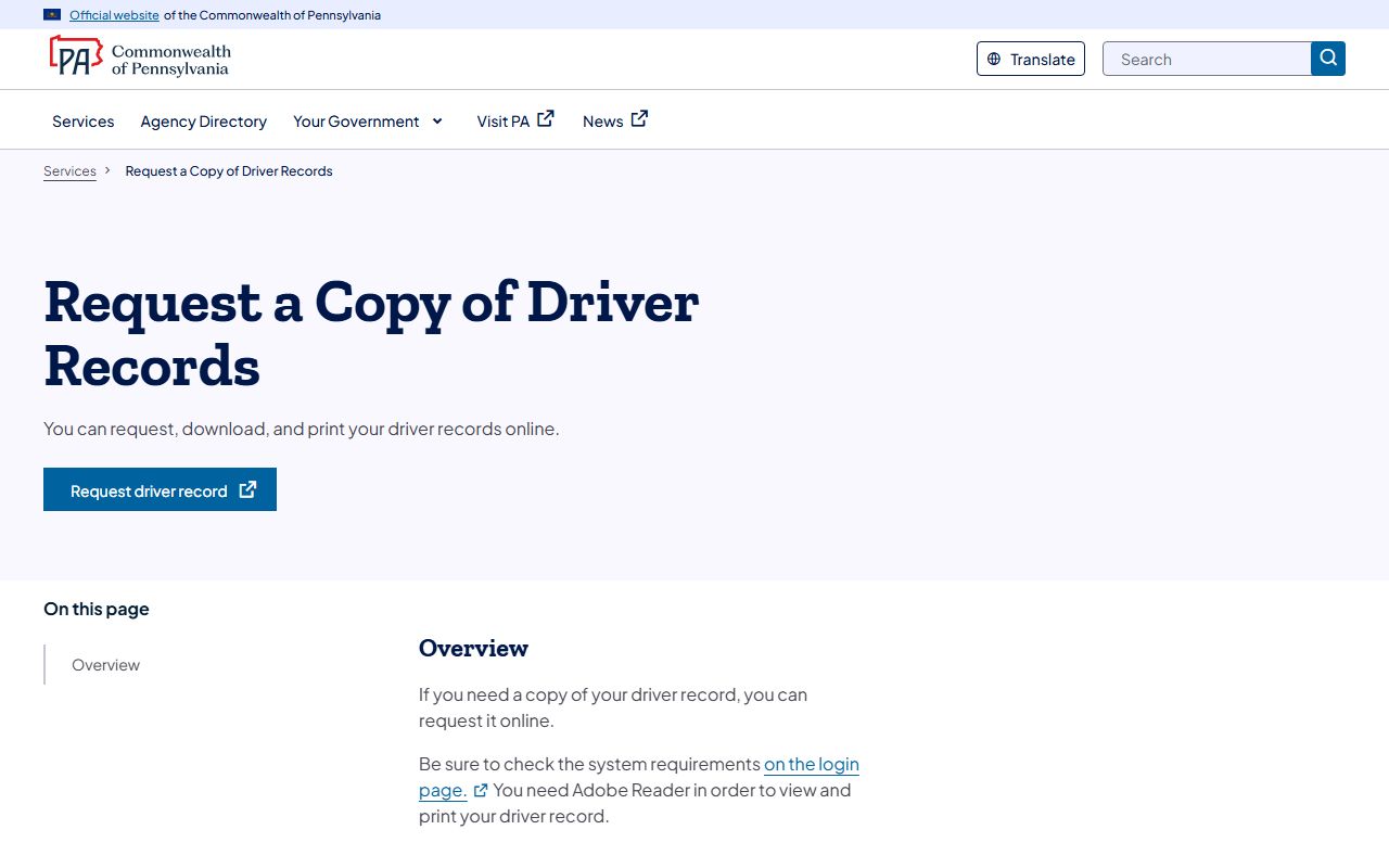 Lebanon County traffic court records PennDOT driver record request page