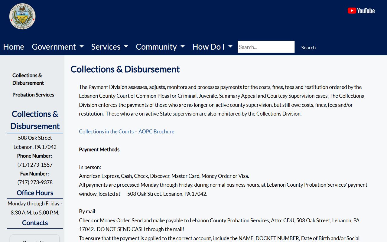 Lebanon County warrant records probation collections page